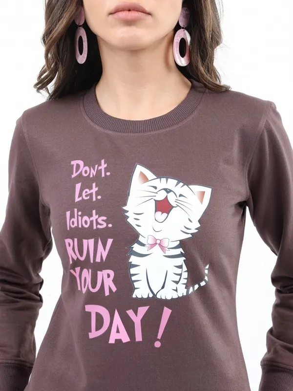  Ketch Women Brown Printed Pullover Round Neck Sweatshirts