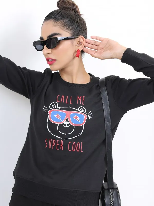  Ketch Women Black Printed Pullover Round Neck Sweatshirts