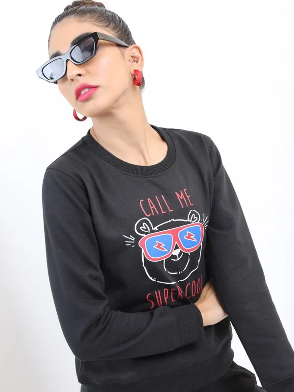  Ketch Women Black Printed Pullover Round Neck Sweatshirts