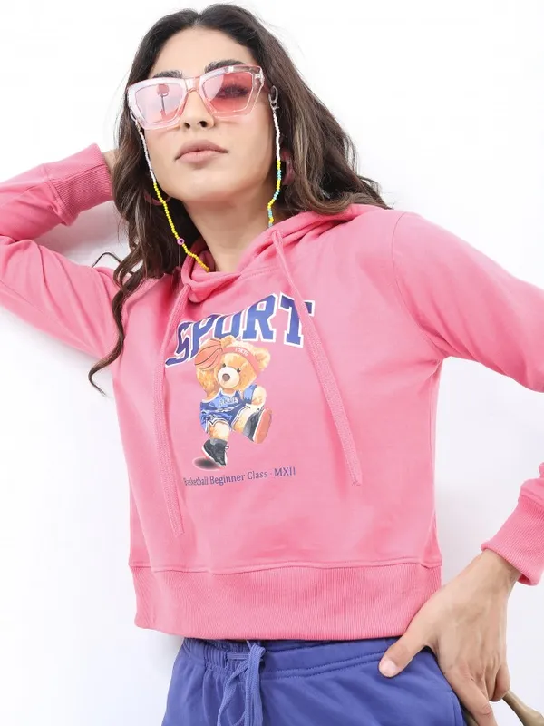  Ketch Women Pink Printed Pullover Hood Sweatshirts