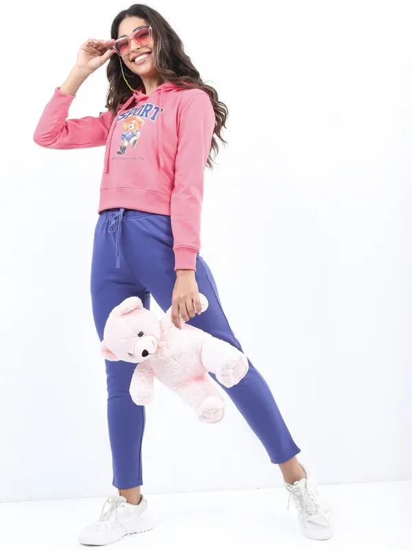  Ketch Women Pink Printed Pullover Hood Sweatshirts