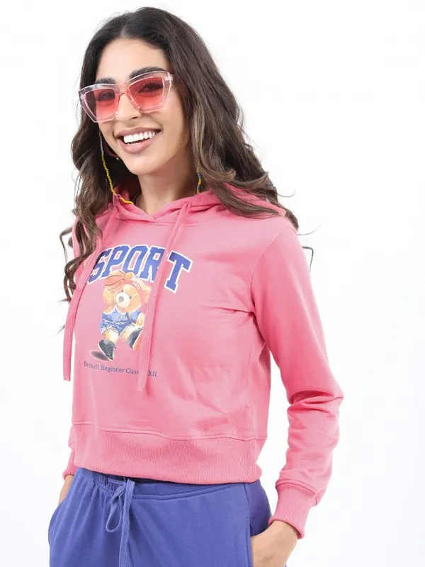  Ketch Women Pink Printed Pullover Hood Sweatshirts