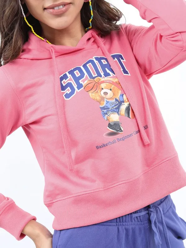  Ketch Women Pink Printed Pullover Hood Sweatshirts