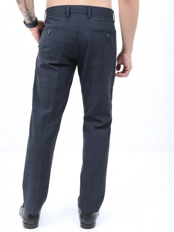  Highlander Men Navy Blue Slim Fit Checked Casual Trousers