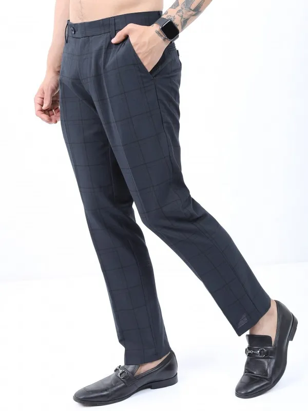  Highlander Men Navy Blue Slim Fit Checked Casual Trousers