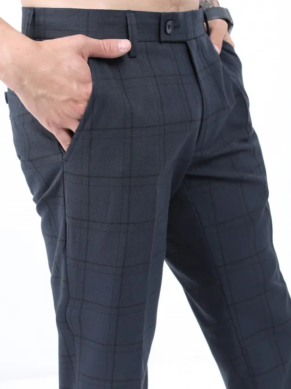  Highlander Men Navy Blue Slim Fit Checked Casual Trousers