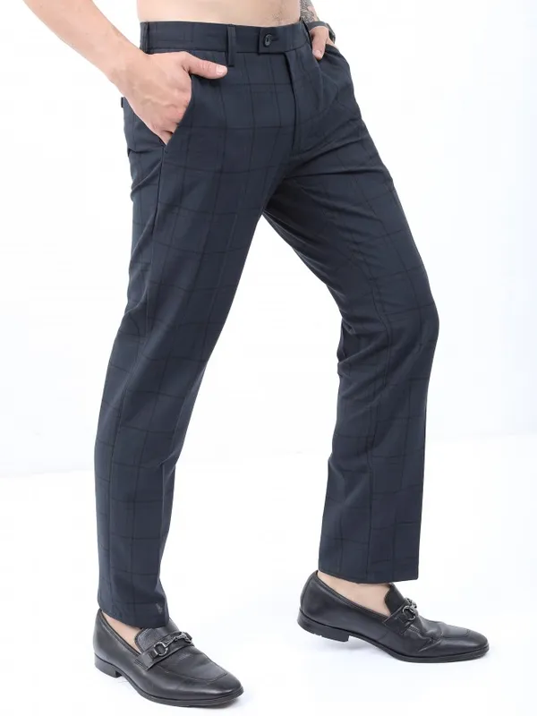  Highlander Men Navy Blue Slim Fit Checked Casual Trousers