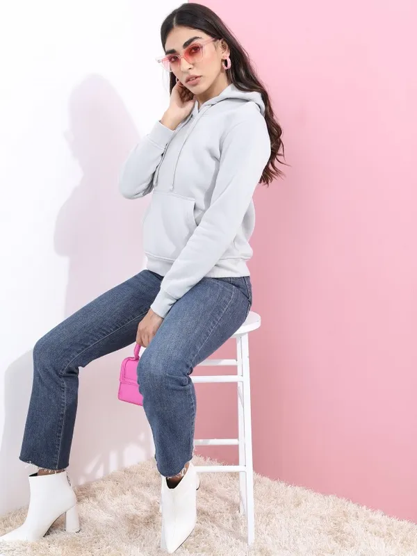  Ketch Women Grey Solid Pullover Hood Sweatshirts