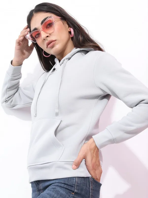  Ketch Women Grey Solid Pullover Hood Sweatshirts