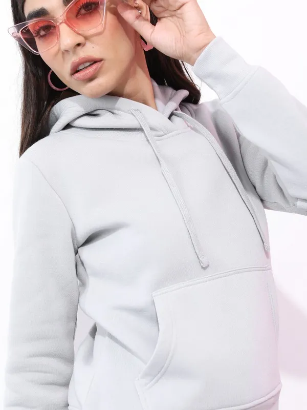  Ketch Women Grey Solid Pullover Hood Sweatshirts