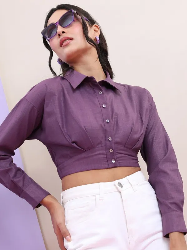 Tokyo Talkies Women Purple Solid Fitted Top