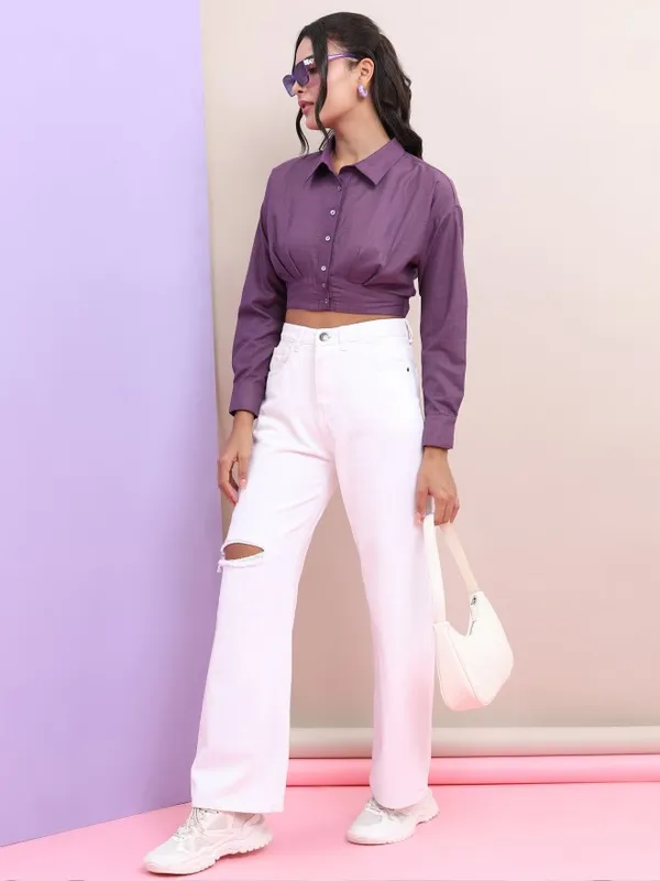 Tokyo Talkies Women Purple Solid Fitted Top