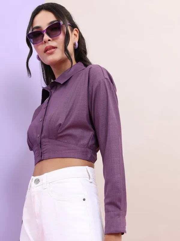 Tokyo Talkies Women Purple Solid Fitted Top