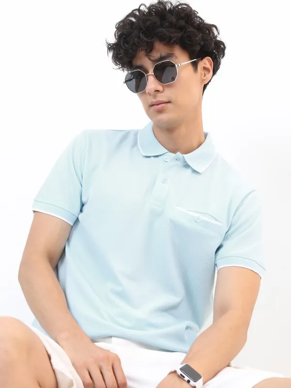 Highlander Men Blue Solid Polo Collar Polo T-Shirts
