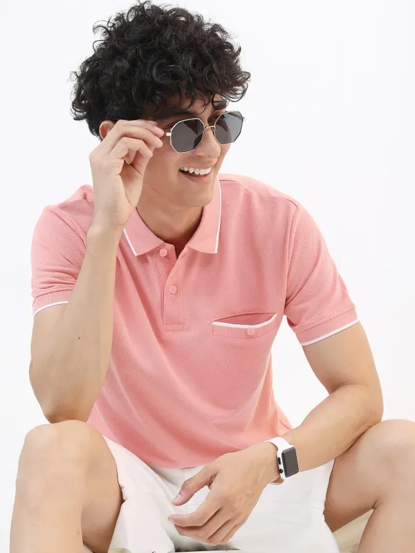  Highlander Men Pink Solid Polo Collar Polo T-Shirts