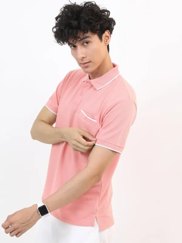  Highlander Men Pink Solid Polo Collar Polo T-Shirts