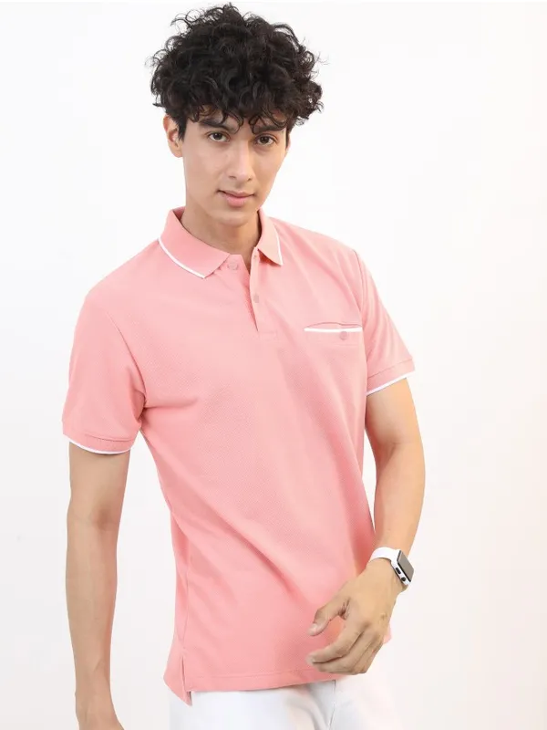  Highlander Men Pink Solid Polo Collar Polo T-Shirts