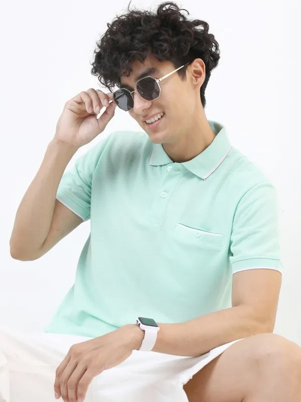  Highlander Men Sage Solid Polo Collar Polo T-Shirts