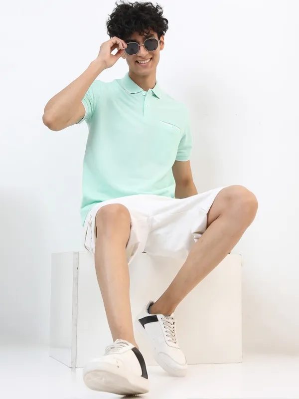  Highlander Men Sage Solid Polo Collar Polo T-Shirts