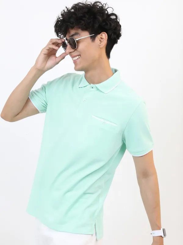  Highlander Men Sage Solid Polo Collar Polo T-Shirts