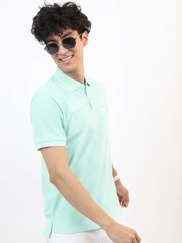  Highlander Men Sage Solid Polo Collar Polo T-Shirts
