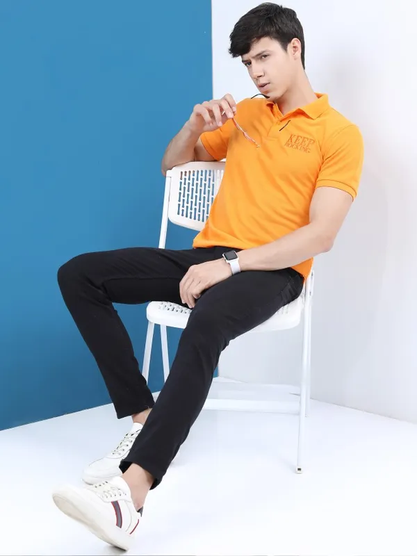  Highlander Men Gold Self Design Polo Collar Polo T-Shirts