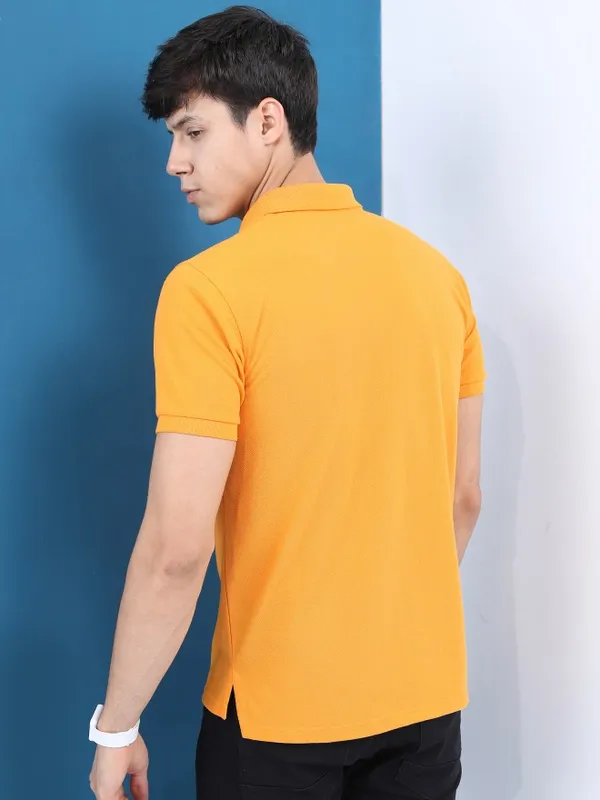  Highlander Men Gold Self Design Polo Collar Polo T-Shirts