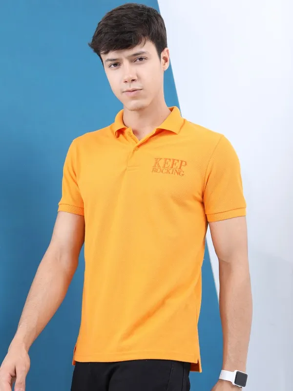  Highlander Men Gold Self Design Polo Collar Polo T-Shirts