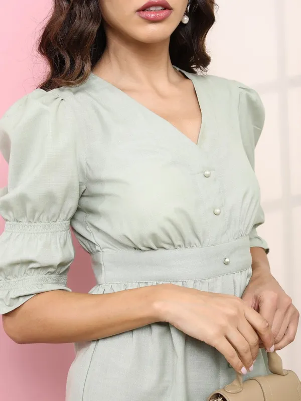 Tokyo Talkies Women Green Solid Fit And Flare Dress