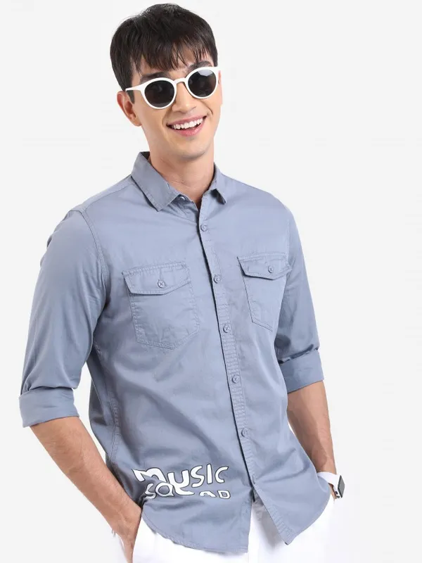  Ketch Men Grey Printed Slim Fit Casual Shirts