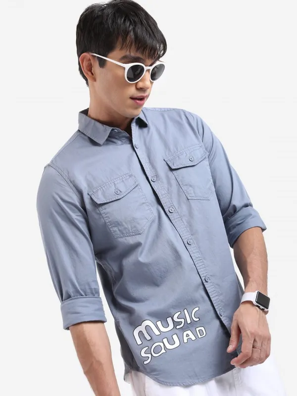  Ketch Men Grey Printed Slim Fit Casual Shirts