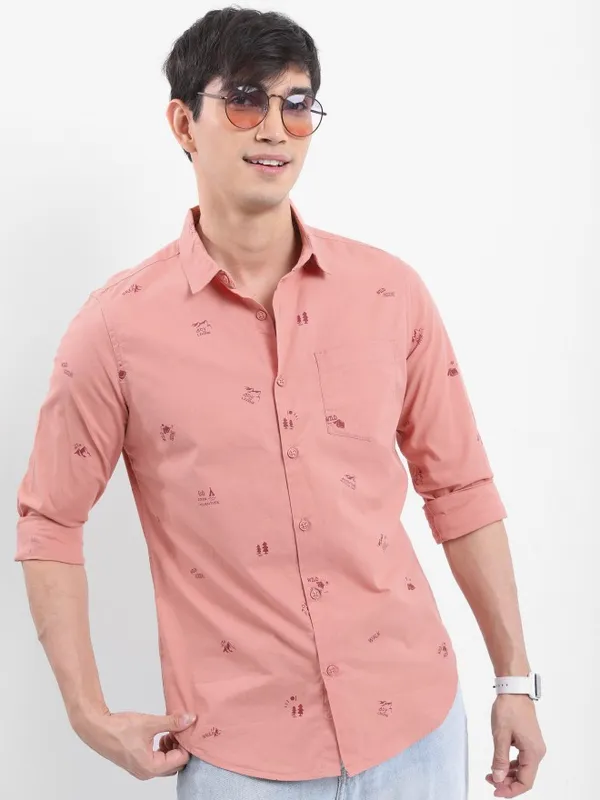 Ketch Men Peach Printed Slim Fit Casual Shirts