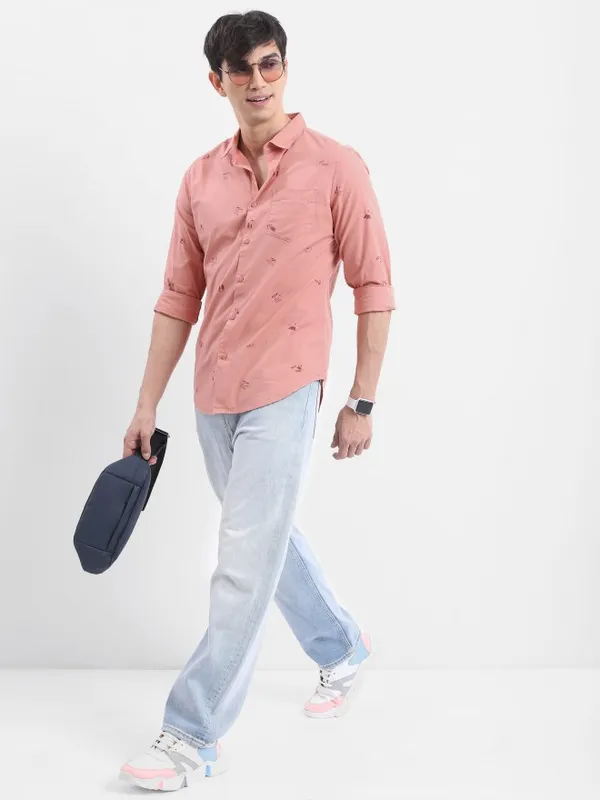  Ketch Men Peach Printed Slim Fit Casual Shirts