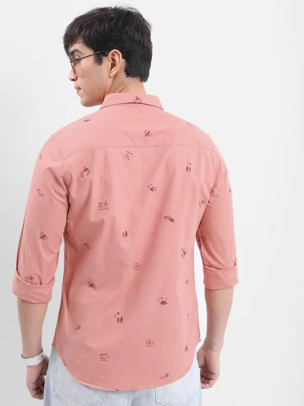  Ketch Men Peach Printed Slim Fit Casual Shirts