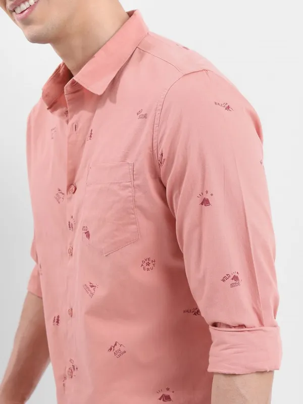  Ketch Men Peach Printed Slim Fit Casual Shirts