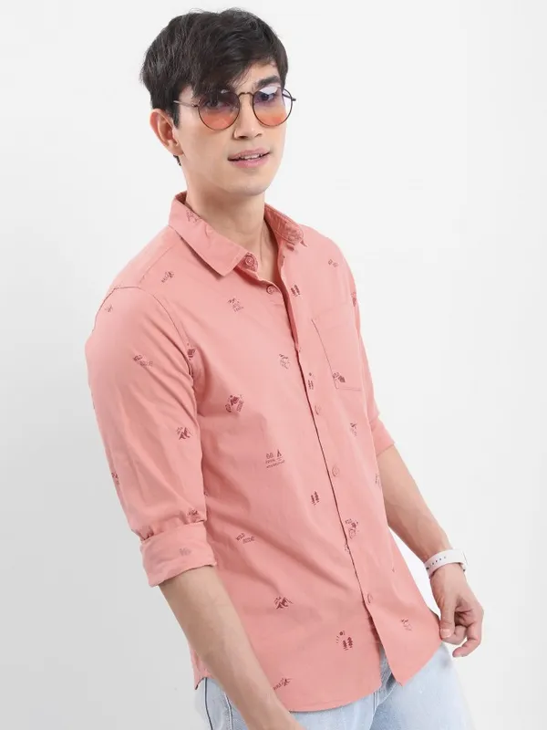  Ketch Men Peach Printed Slim Fit Casual Shirts