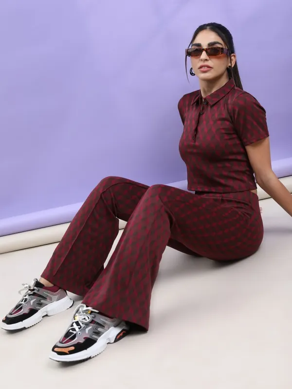 Tokyo Talkies Women Brown Self Design Bootcut Casual Trouser