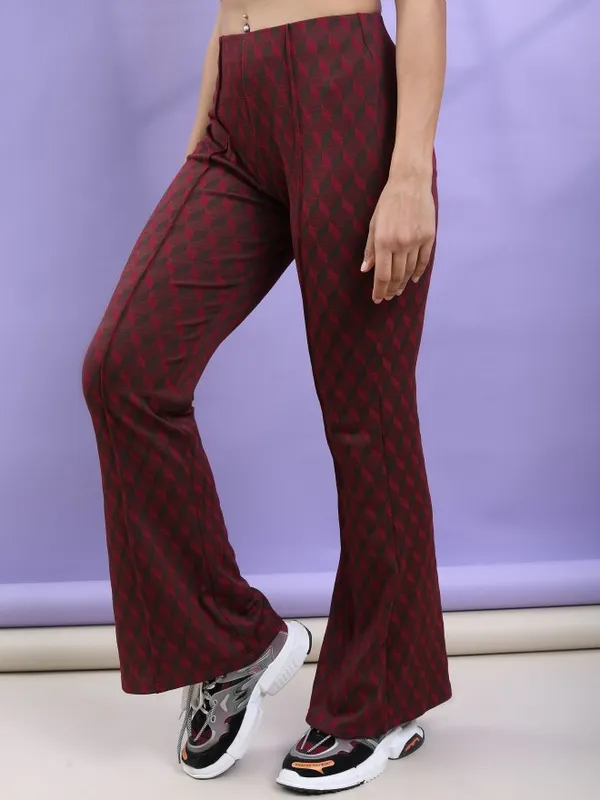 Tokyo Talkies Women Brown Self Design Bootcut Casual Trouser