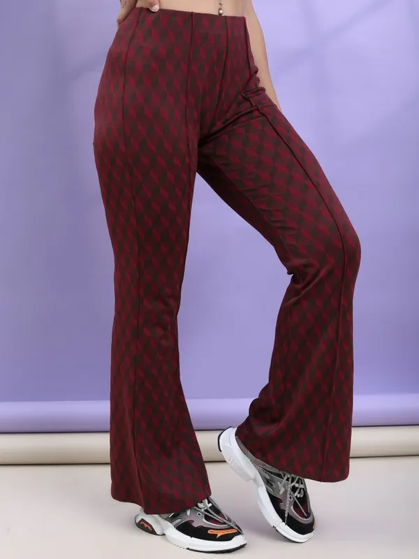 Tokyo Talkies Women Brown Self Design Bootcut Casual Trouser