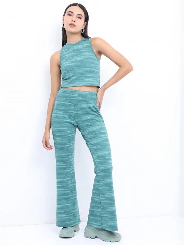  Tokyo Talkies Women Teal Self Design Regular Fit Casual Trousers