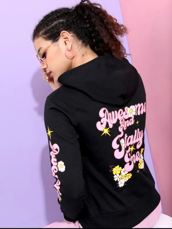  Tokyo Talkies Women Black Printed Pullover Hood Sweatshirts