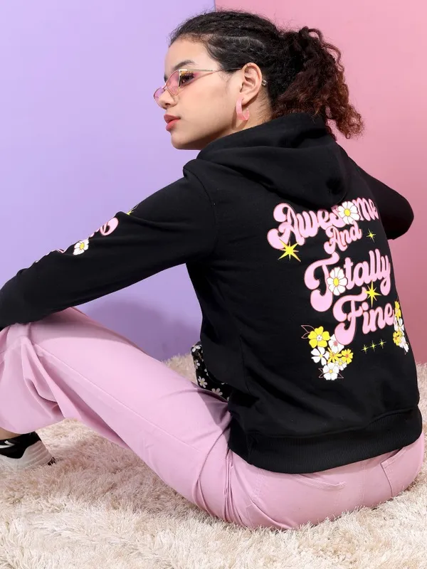  Tokyo Talkies Women Black Printed Pullover Hood Sweatshirts