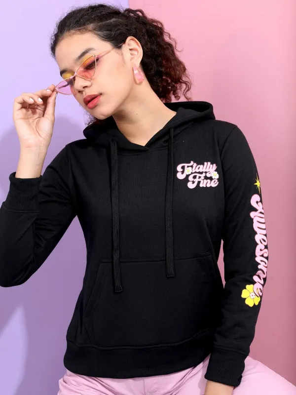  Tokyo Talkies Women Black Printed Pullover Hood Sweatshirts
