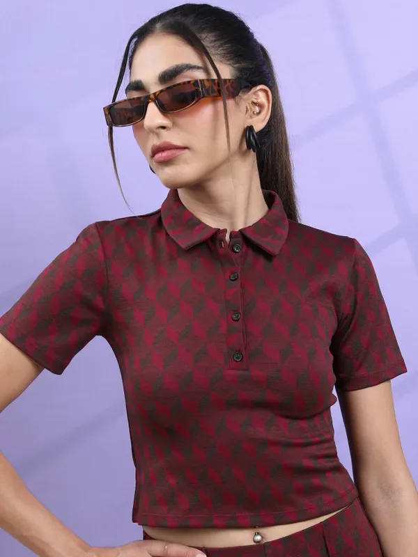  Tokyo Talkies Women Brown Self Design Fitted Tops