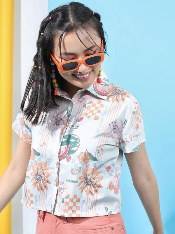 Tokyo Talkies Women White Printed Casual Shirt