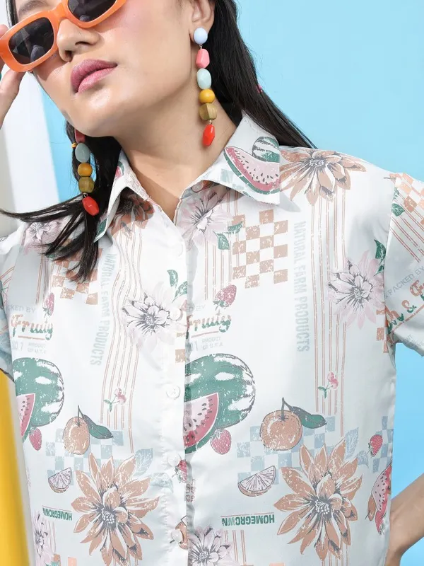 Tokyo Talkies Women White Printed Casual Shirt