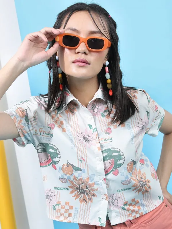 Tokyo Talkies Women White Printed Casual Shirt