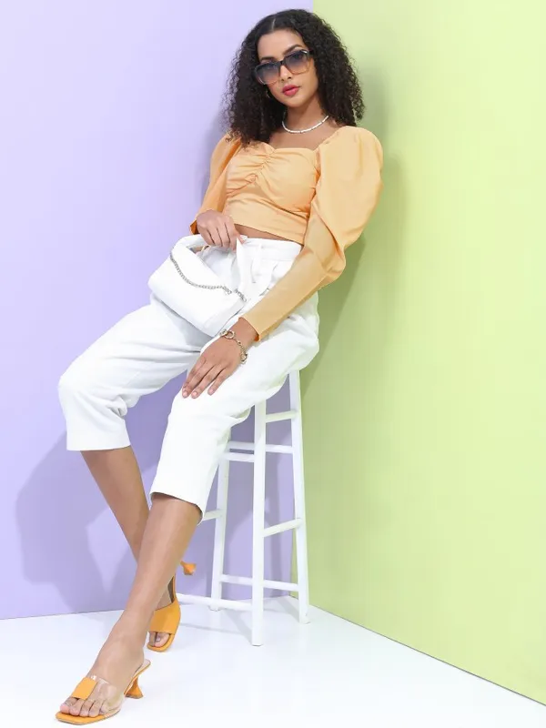 Tokyo Talkies Women Orange Solid Fitted Top