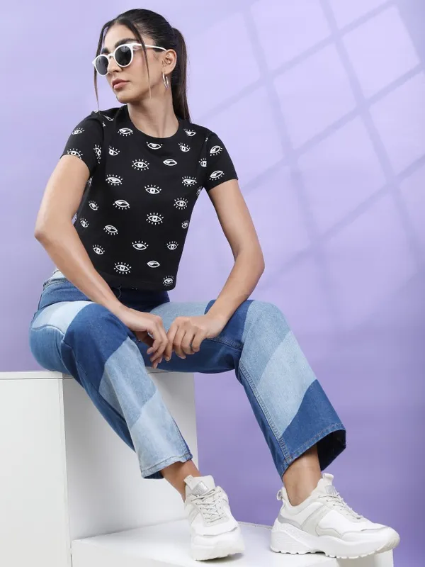  Tokyo Talkies Women Black Printed Round Neck T-Shirts