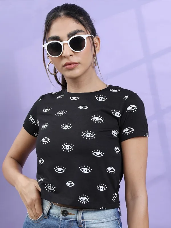  Tokyo Talkies Women Black Printed Round Neck T-Shirts